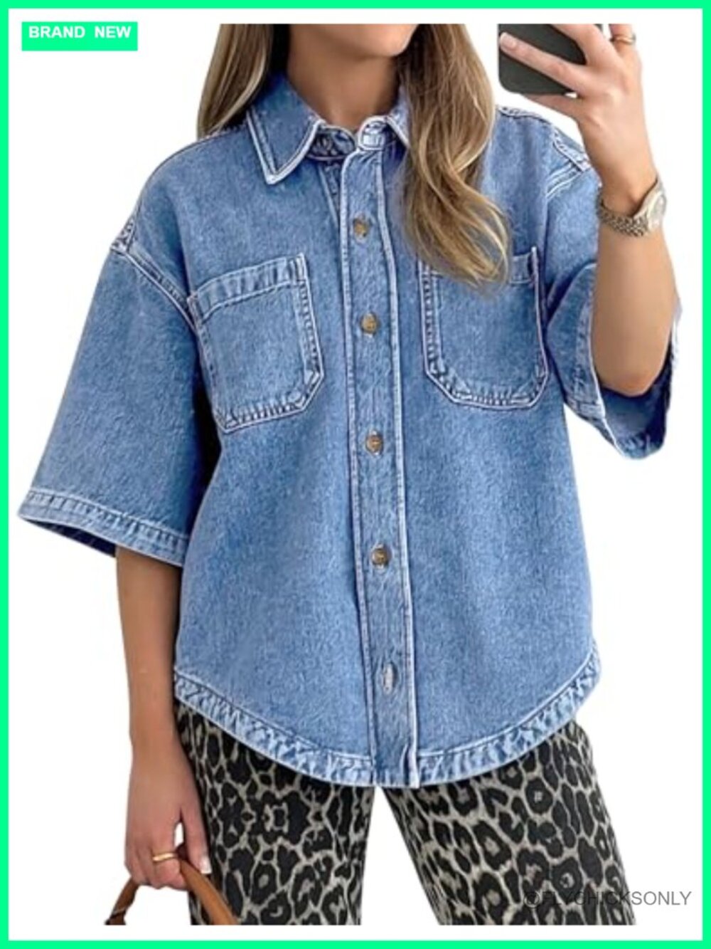 Womens Denim Button-Down Shirt Oversized V-Neck Lightweight Jean Top